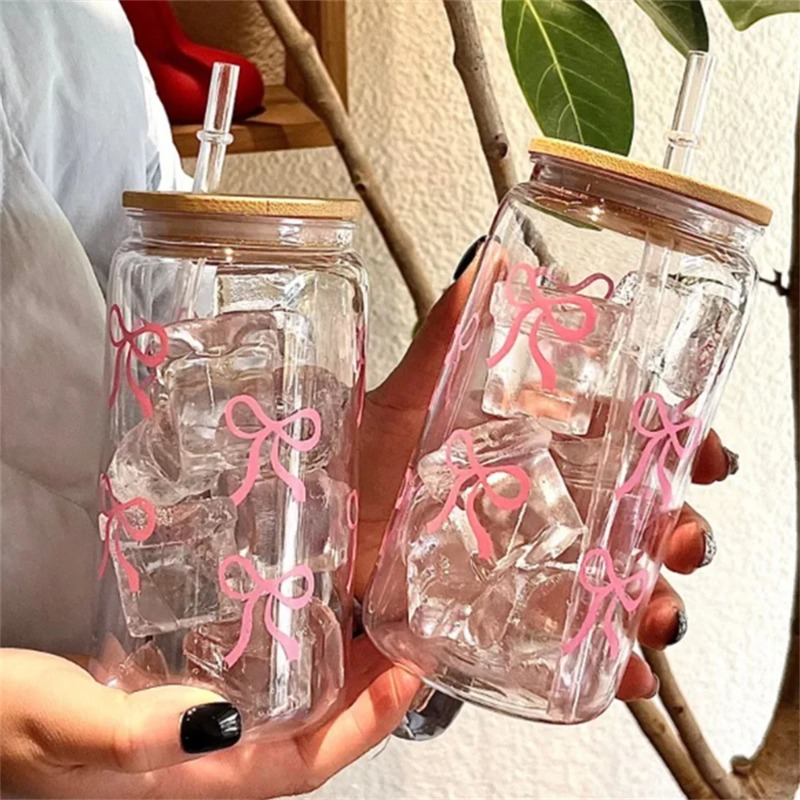 Coffee Tea Jars - كوب زجاجي بتصميم فيونكة لطيفة سعة