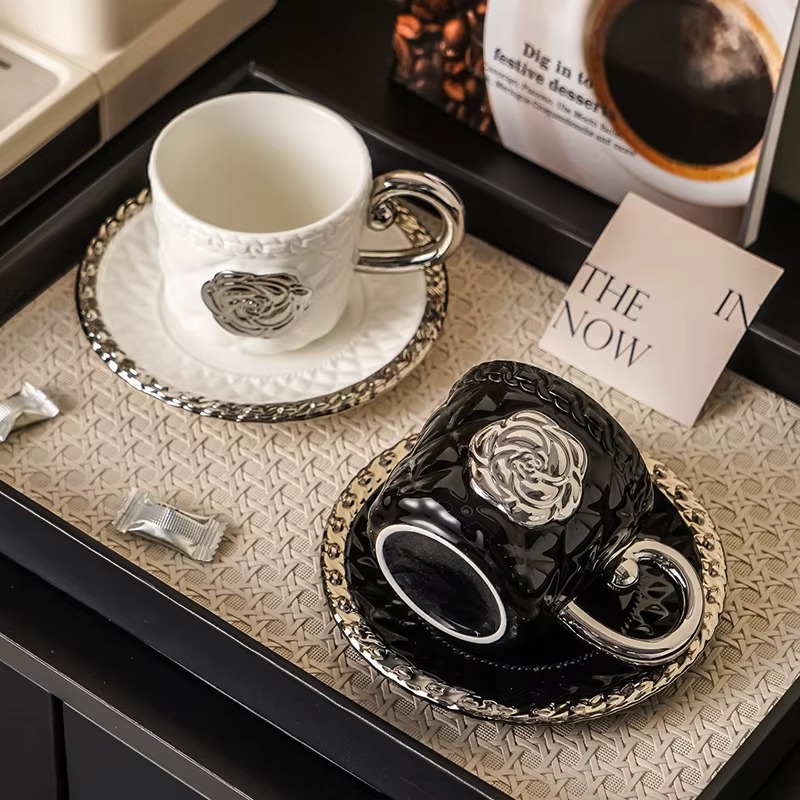 كوب قهوة سيراميك منقوش ثلاثي ا - مراجعة Espresso Cup Saucer وسعره