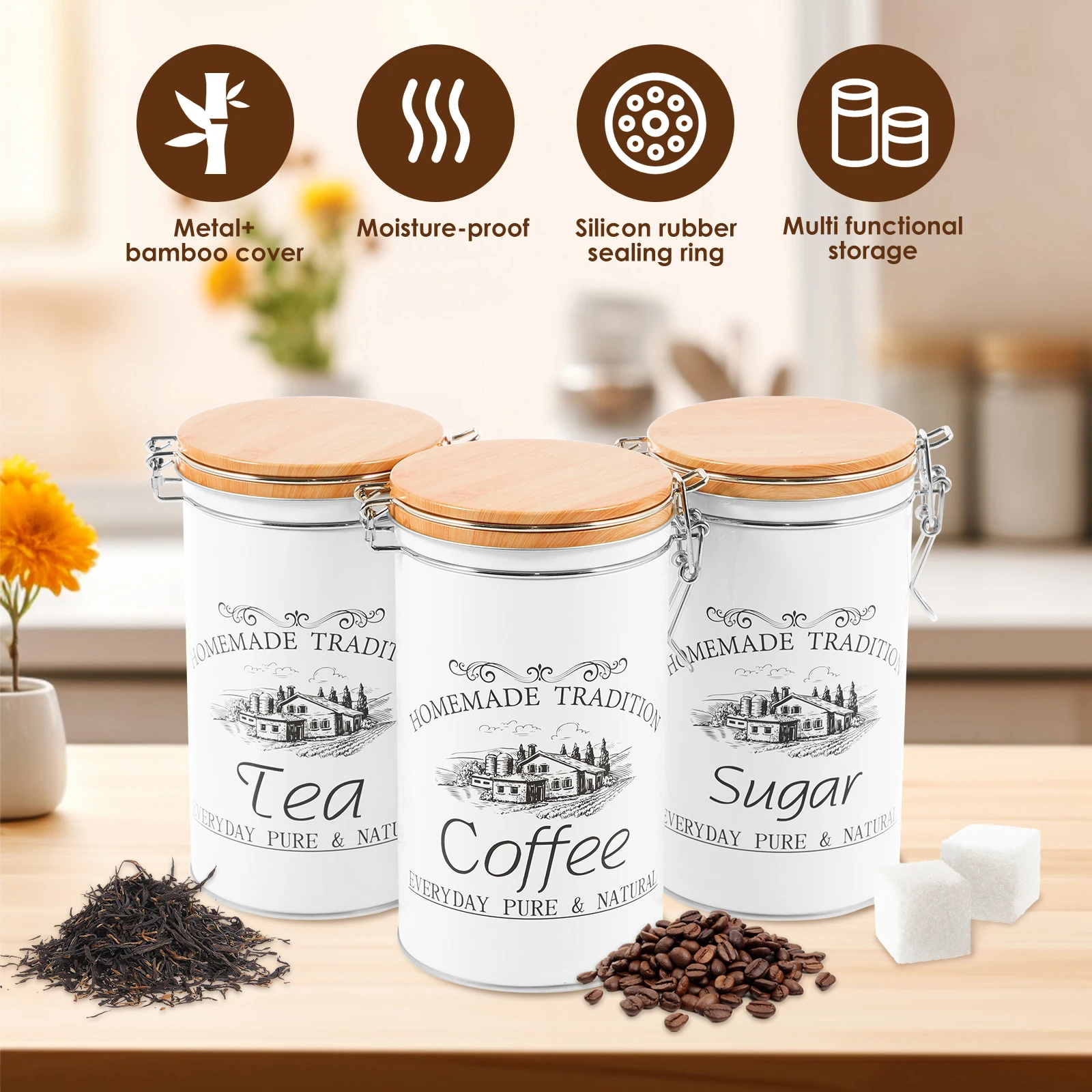 مجموعة من 3 علب معدنية لتخزين  - مراجعة Coffee Tea Sugar Canisters وسعره